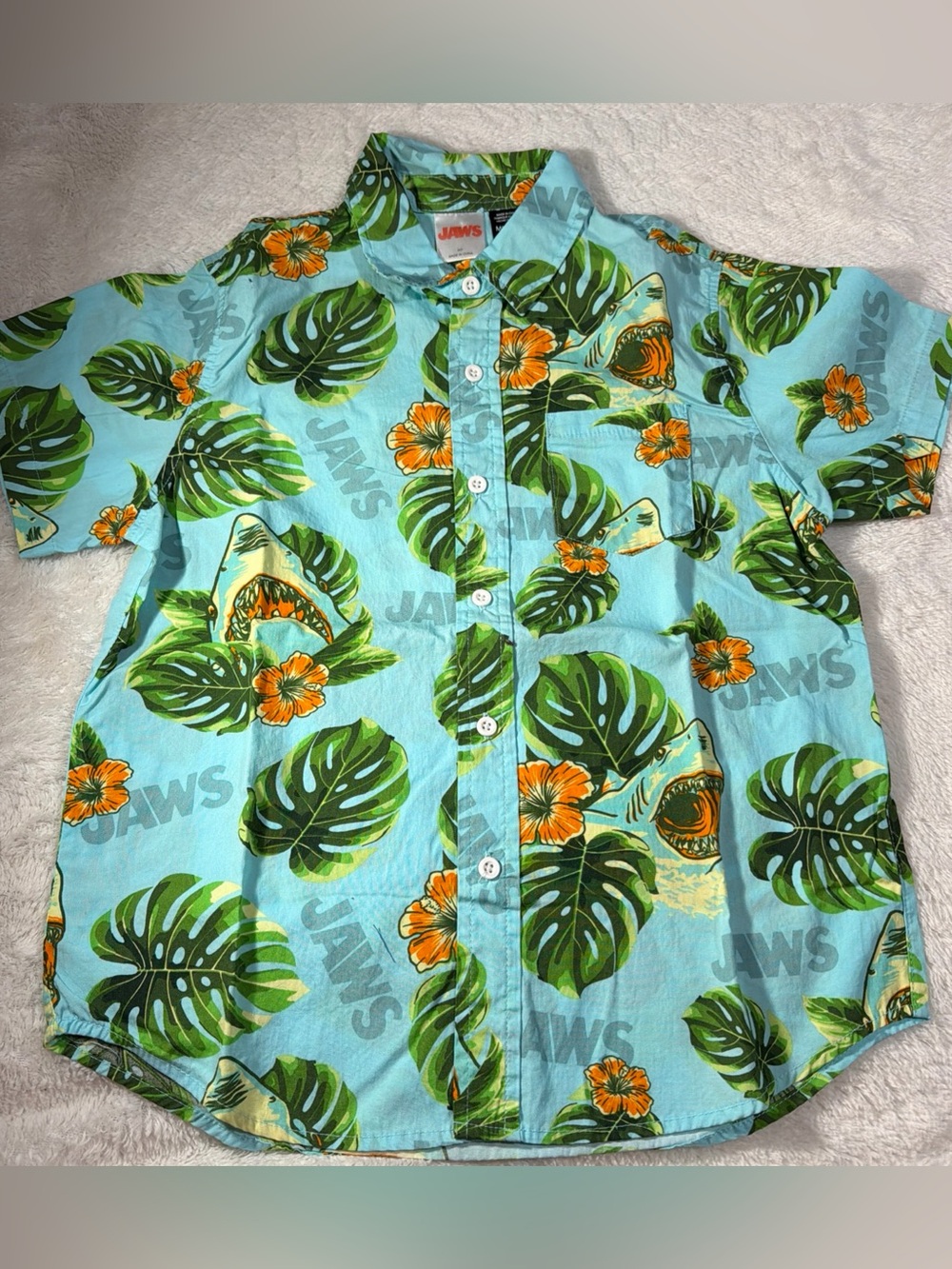 JAWS Hawaiian Shirt Boys Youth Medium Blue Shark Floral Button Up Short Sleeve